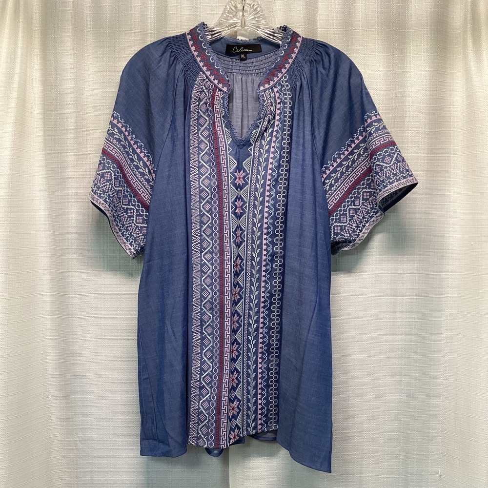 Calessa Women XL Blue Embroidered Tencel Tunic Top Short Sleeve Boho Blouse